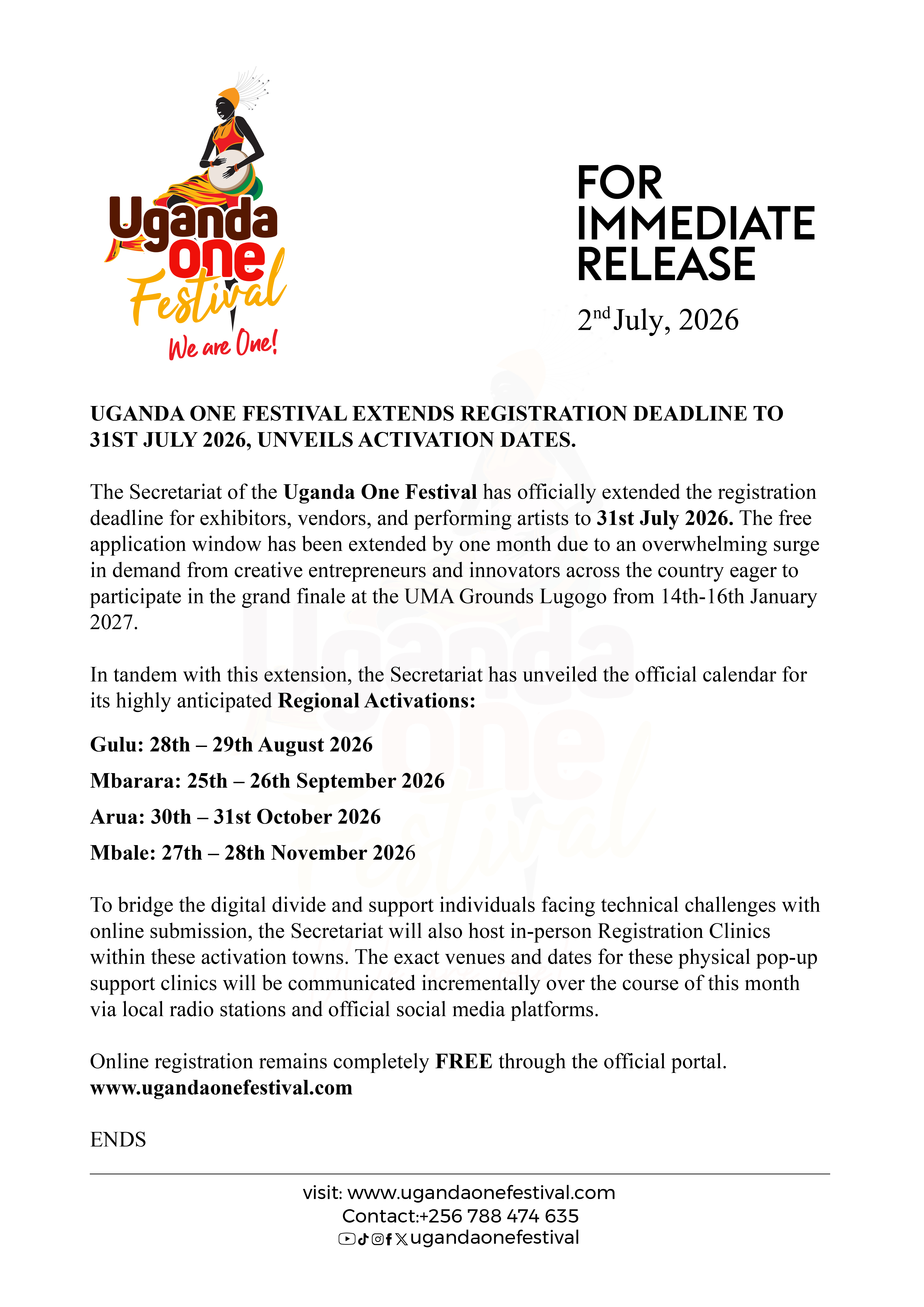Uganda One Festival 2026 Program Unveiled: A Nationwide Journey to the Grand Finale